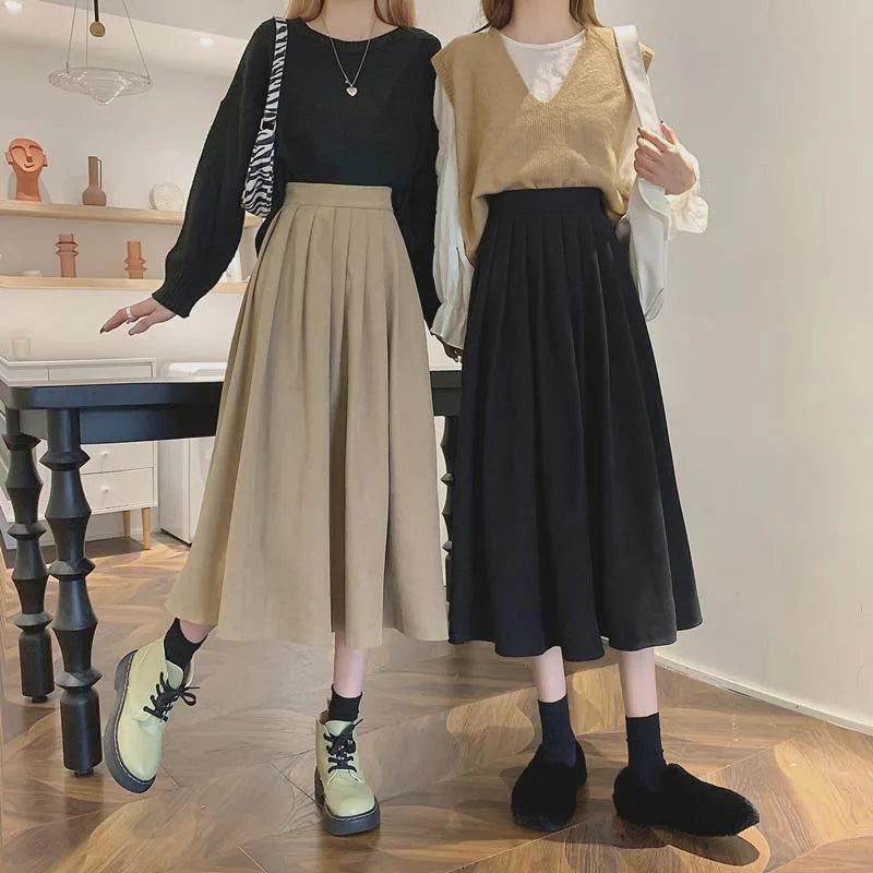 Xpqbb Korean Style Women's Midi Skirt 2025 Autumn High-Waisted Corduroy Long Skirt Women College Style Pleated A-Line Skirts