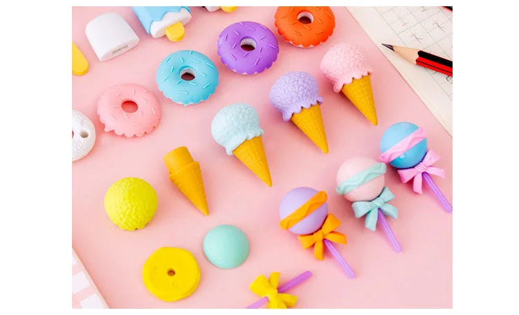 Kawaii Lollipop & Ice Cream Eraser Set – Sweet Cartoon Stationery for Kids, School & Office Supplies
