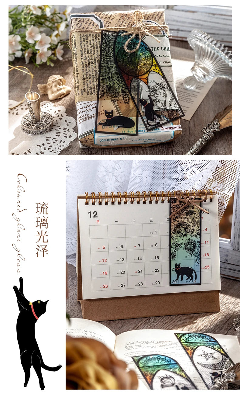 6-Piece Black Cat Bookmark Set – Matte PVC Retro Page Markers for Reading, Journaling & School Supplies