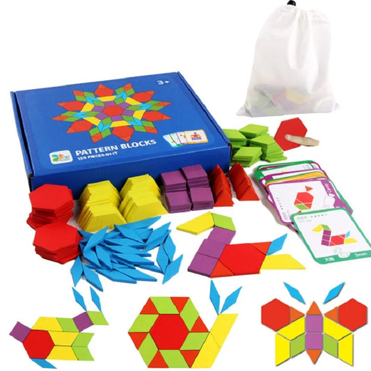 155 Pcs Wooden Pattern Blocks Set Geometric Shape Puzzle Kindergarten Classic Educational Montessori Tangram Toys for Kids