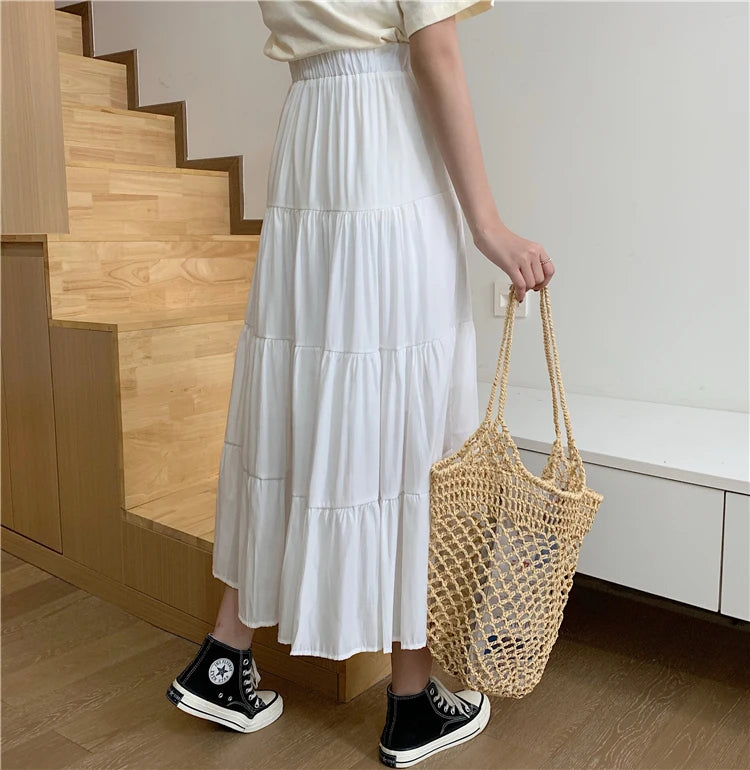 Spring Summer Women Chiffon Skirts Vintage High Waist Elastic Patchwork White Black Chic Long Cake A-line Skirt for Student