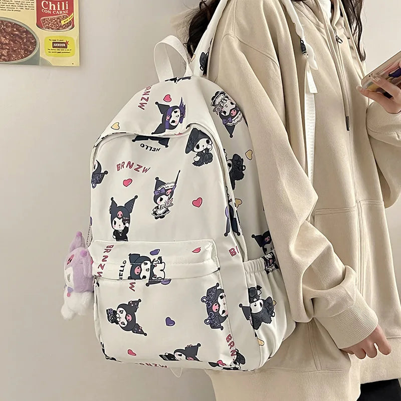 Kawaii Canvas Backpack – Hello Kitty, Kuromi, Melody & Cinnamoroll Charm for Kids & Teens!