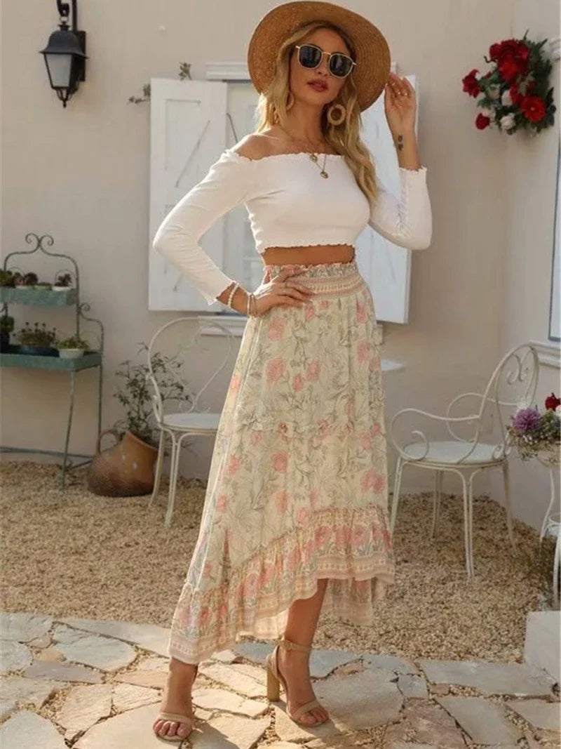 Vintage Chic Summer Fashion Women Floral Print Beach Bohemian Long Skirts High Elastic Waist Maxi  A-Line Boho Skirt Femme