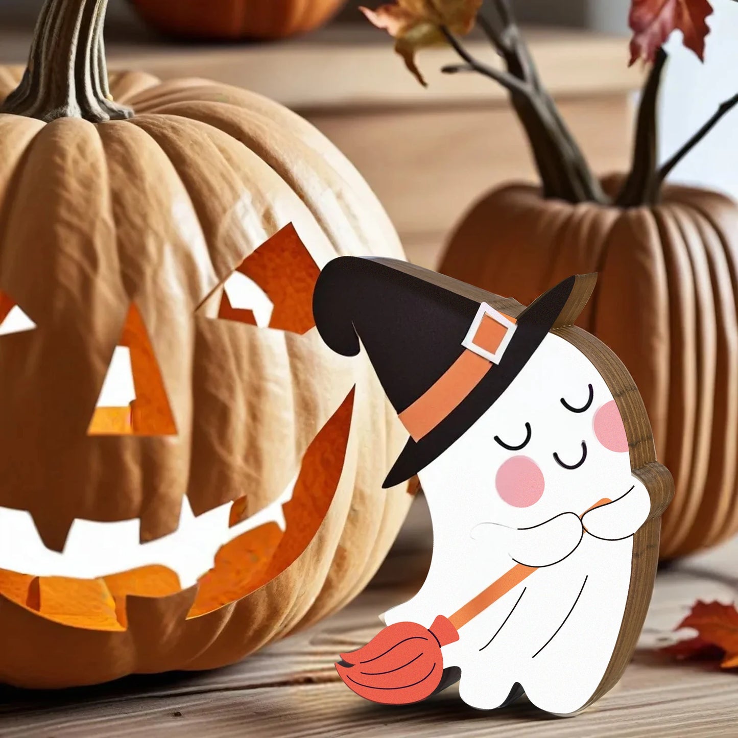 Halloween Theme Wooden Ghost Ornament  Cute Pumpkin Witch Hat Design, The Perfect Decoration to Enhance the Festive Atmosphere
