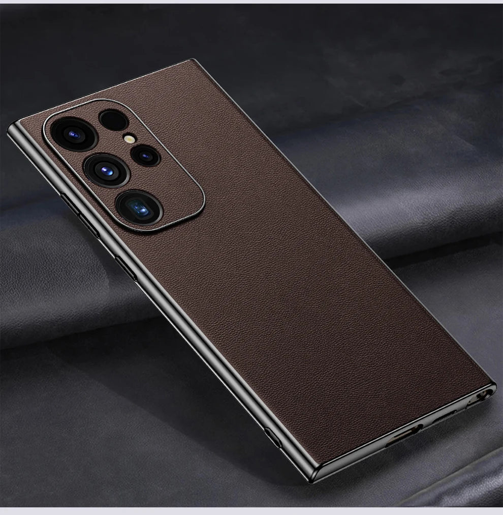 Leather Phone Case for Samsung Galaxy S25 S24 S23 Ultra S22 Plus Luxury Plating Soft Edges Shockproof 360 Full Protective Cover