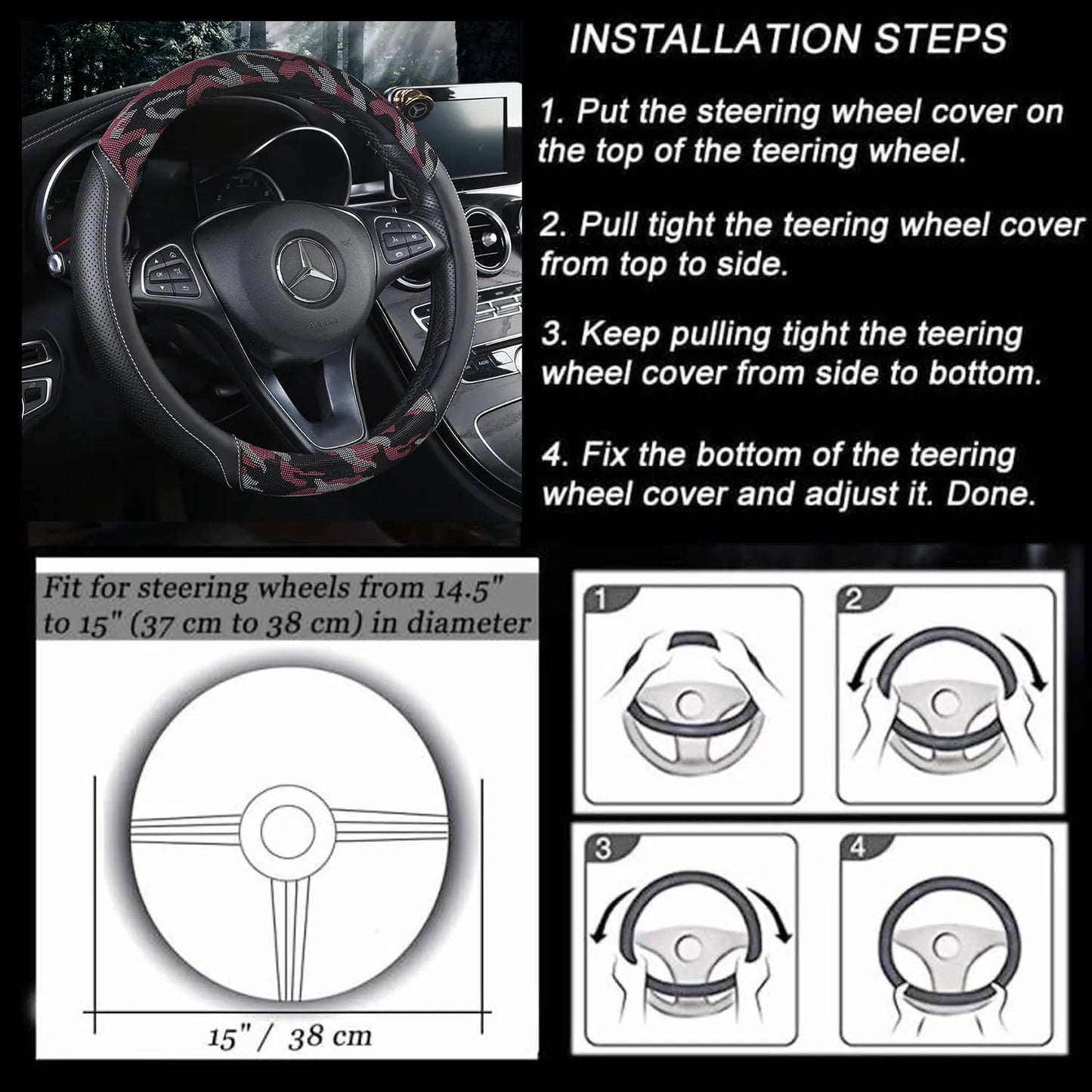 3D Camouflage Print Steering Wheel Cover  Durable Leather Cover with Anti-Slip Lining, Fit for 14.5"-14.8"