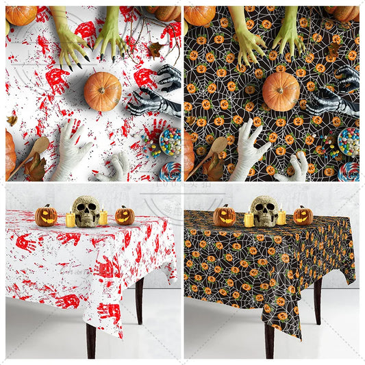 Halloween DIY Disposable Tablecloth Red Handprint Horror Pumpkin Party Table Decoration Party Waterproof Birthday Decoration