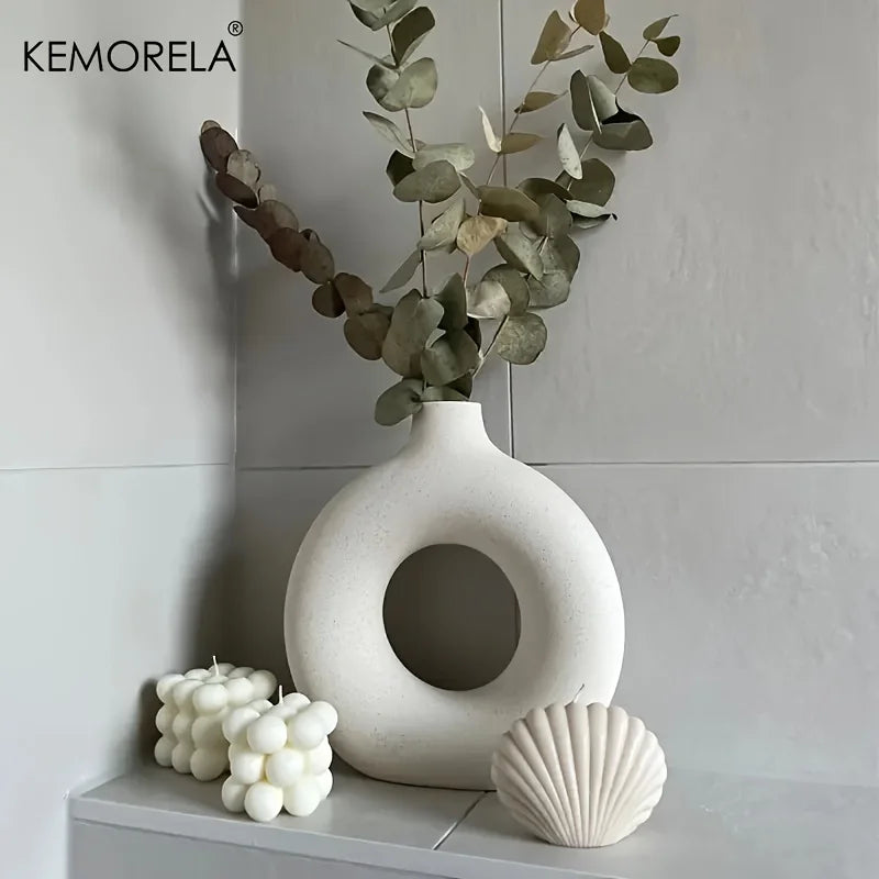Nordic Style Ceramic Donut Shaped Vase Hollow Circular Flower Pot for Home Living Room Office Desktop Decorative Accessory Gift