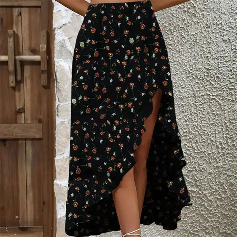 2024 Women's Ruffle Edge Irregular Half skirt Elegant and Elegant Hanging Dress Fashionable Summer New Midi Floral Print Beach