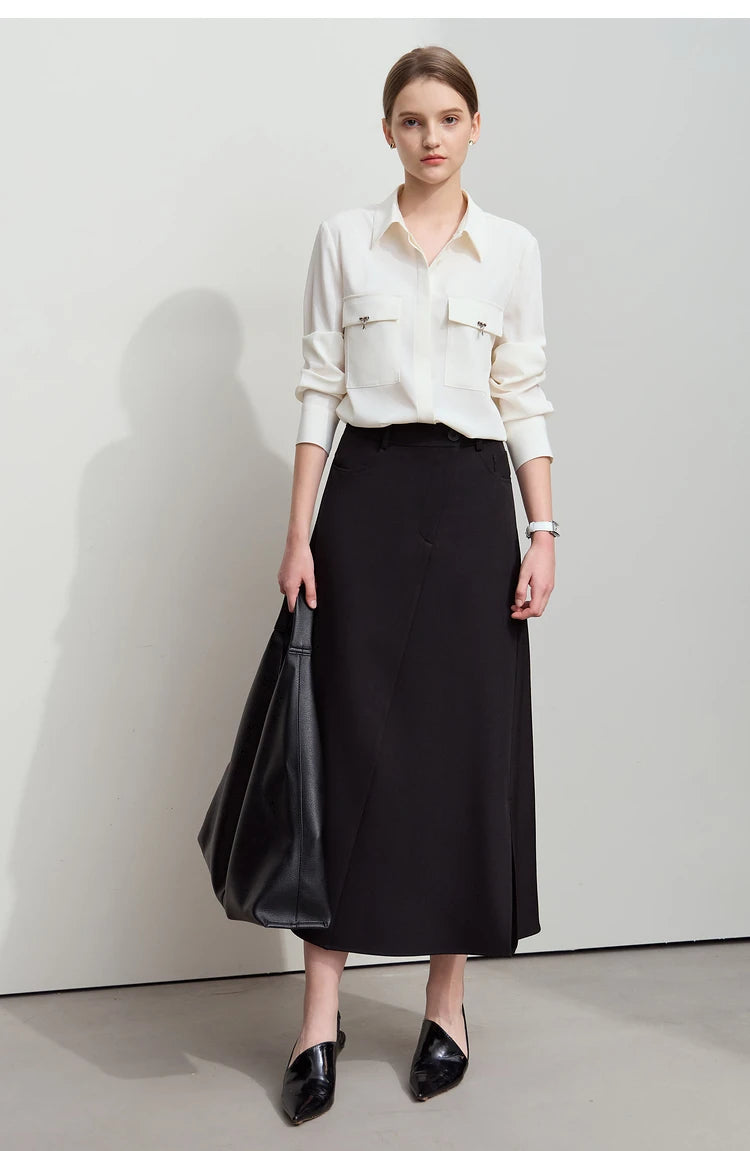 Amii Minimalist Spring New Commuter Asymmetrical Oblique Placket Split Skirt Non Ironing Anti Wrinkle A Shape Skirt 12551003