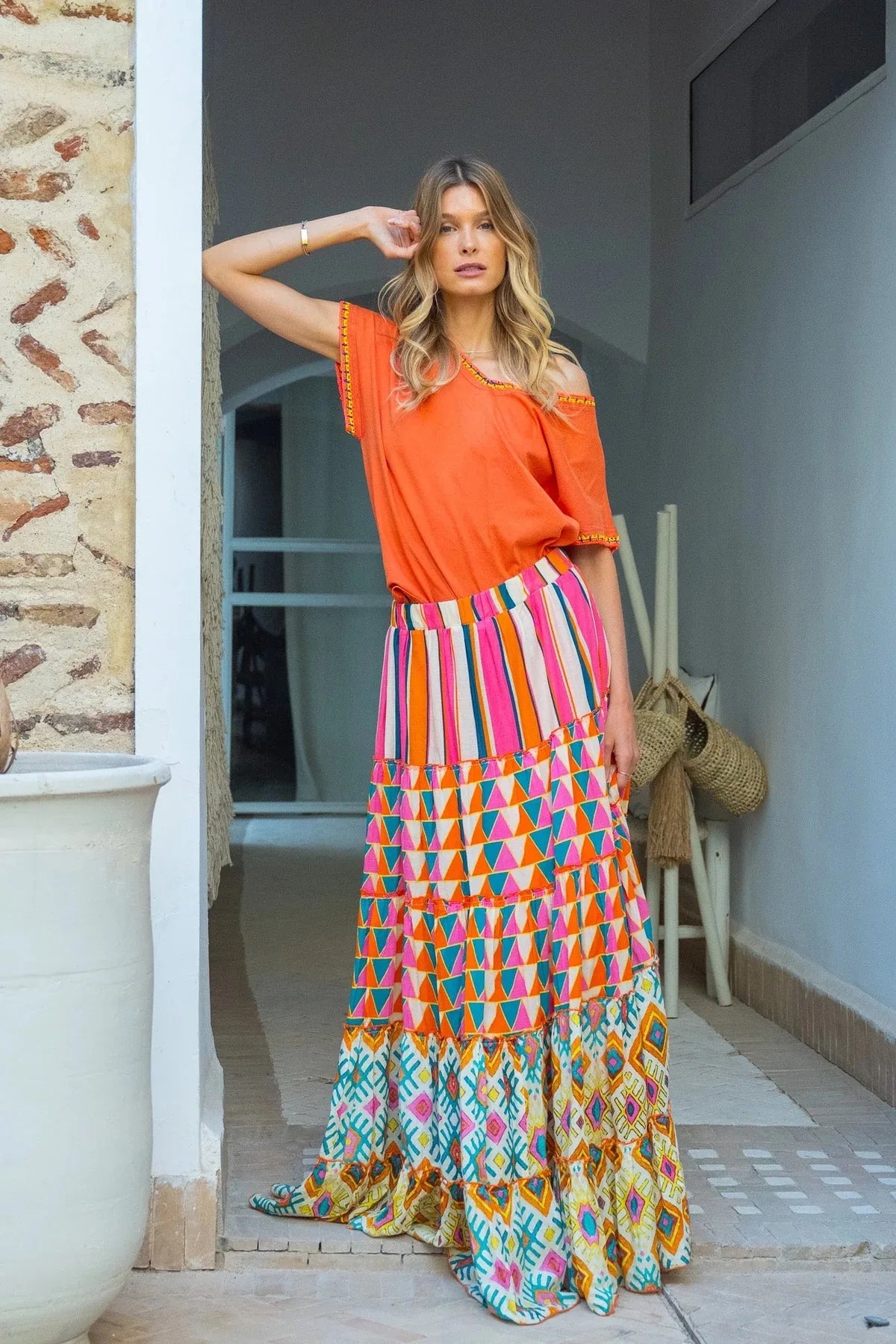Printed Ruffles A-line Skirt Women Fashion Casual Bohemian Vacation Commuting Style Loose Long Skirts Trendy Female Clothing