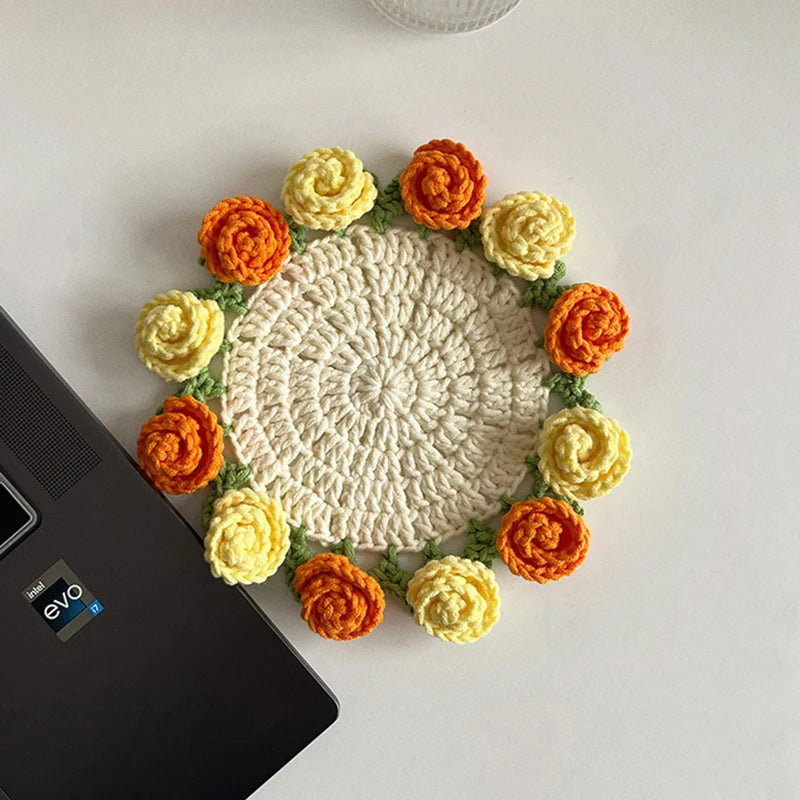 Crochet Flower Coaster Hand Knitted Coaster Rose Placemat Table Ornament Cup Pad Crochet Flower Cupmat Creative Coaster Gifts