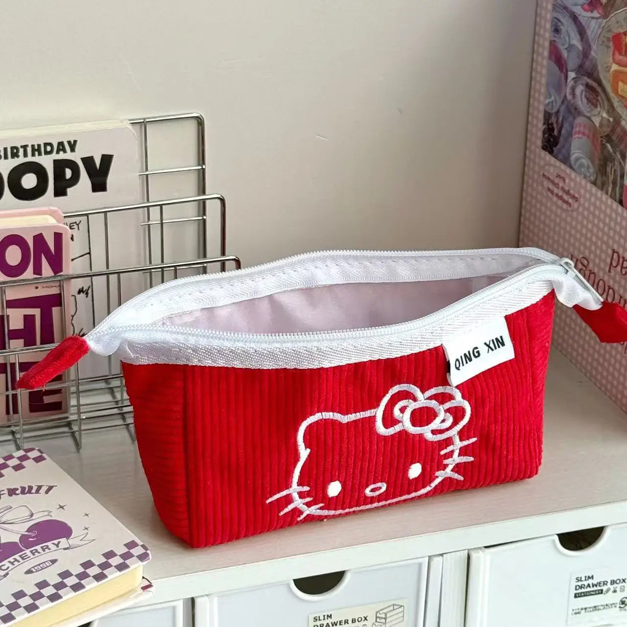 Hello Kitty Corduroy Pencil Case – 2-Layer Sanrio Stationery Organizer