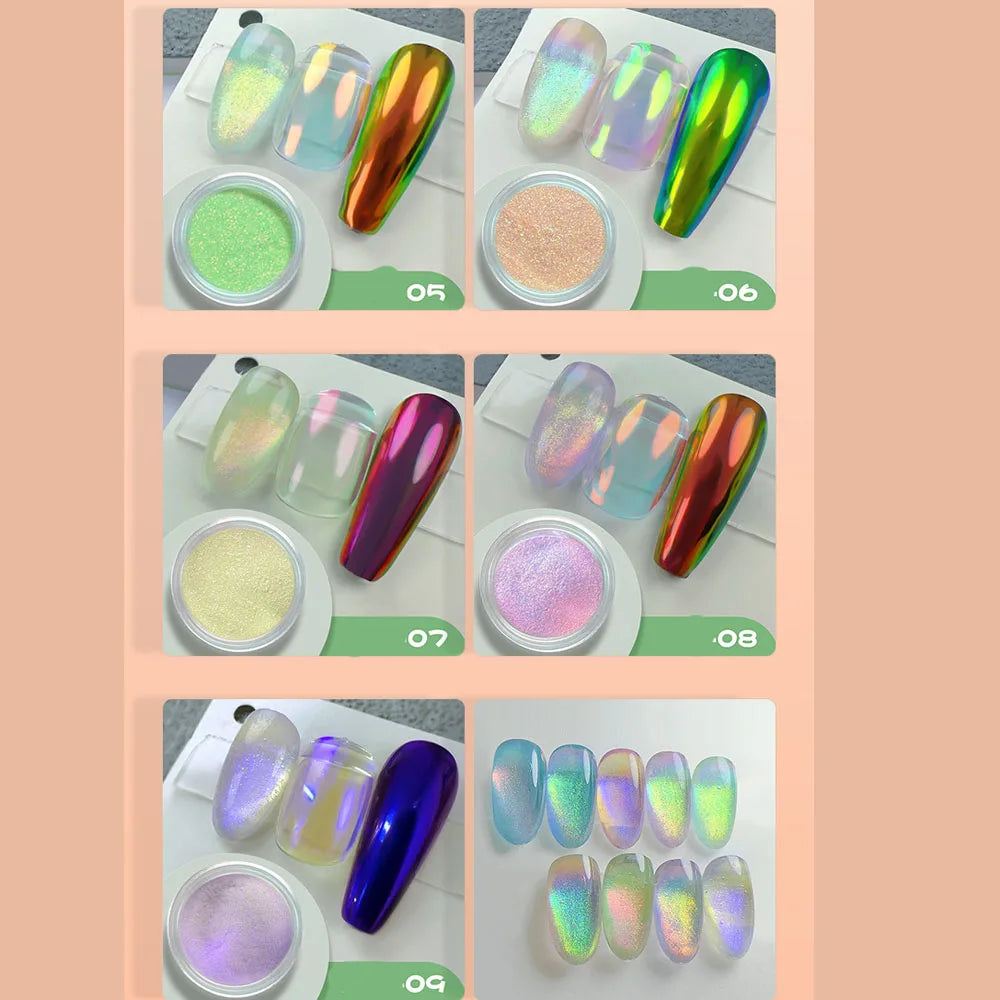Aurora Holographic Nail Art Powder – Chrome Mirror Effect Glitter for UV/LED Nails