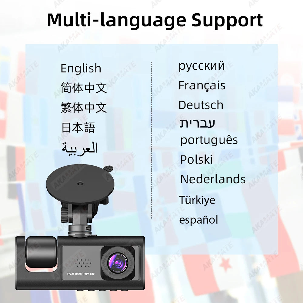 Car DVR 3 Cameras Recorder Rear Inside Vehicle 3-Lens Dash Cam Three Way Camera DVRs Dashcam 3 Channel Video Camcorde 1080P HD