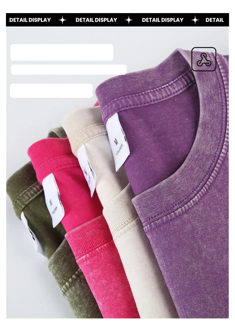 Washed Vintage T-Shirts Men's Street Hip Hop Retro Punk T Shirt Harajuku Casual 250gsm Cotton Short Sleeve Acid Wash TShirts Top