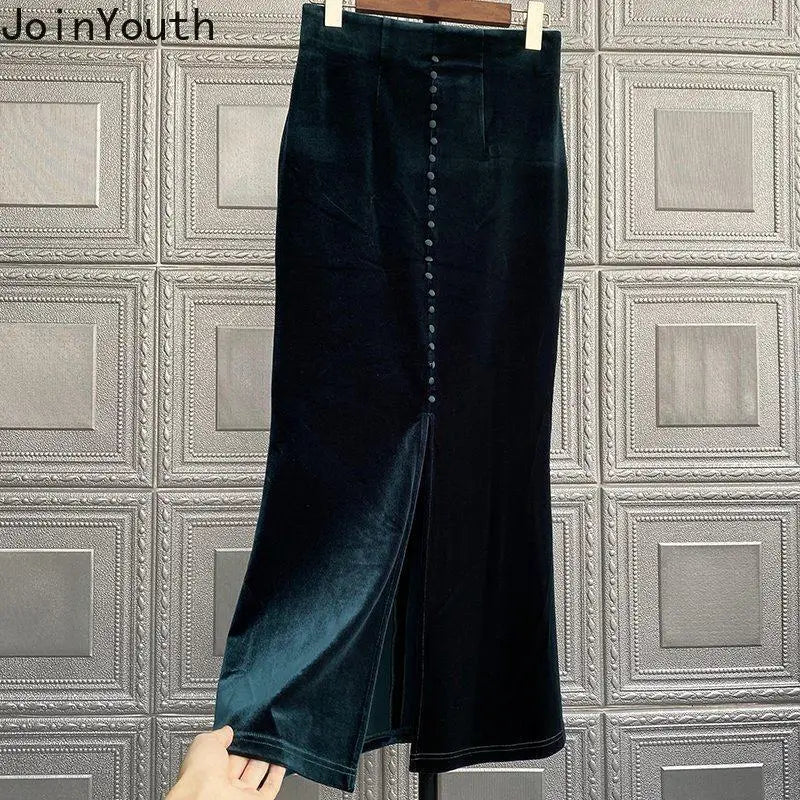 2025 Faldas Mujer De Moda Vintage Long Skirt High Waist A-line Velvet Jupe Fashion Single Breasted Long Skirts Temperament Saia