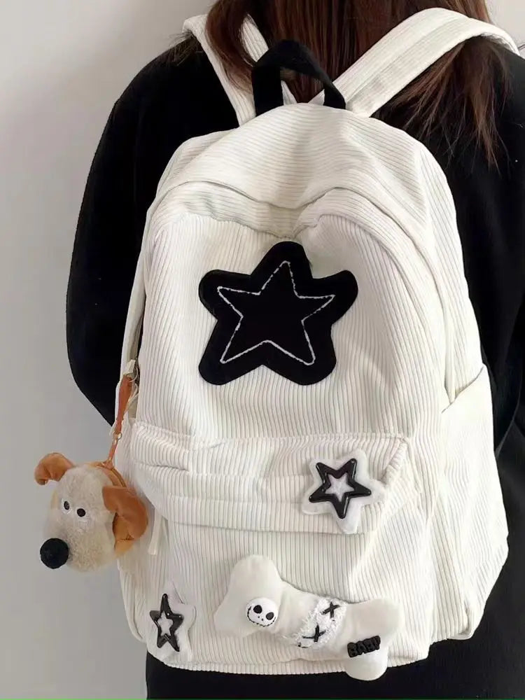 Starry Y2K Corduroy Backpack – Big Space, Bold Style for Trendy Teens!