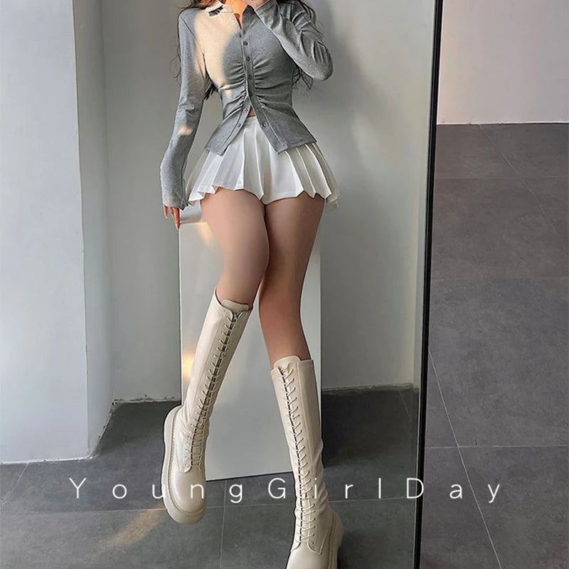 ZOKI Pleated Skirt with Shorts Women Sexy High Waist Irregular White Black A-line Gyaru Tennis extreme Mini Skirt School