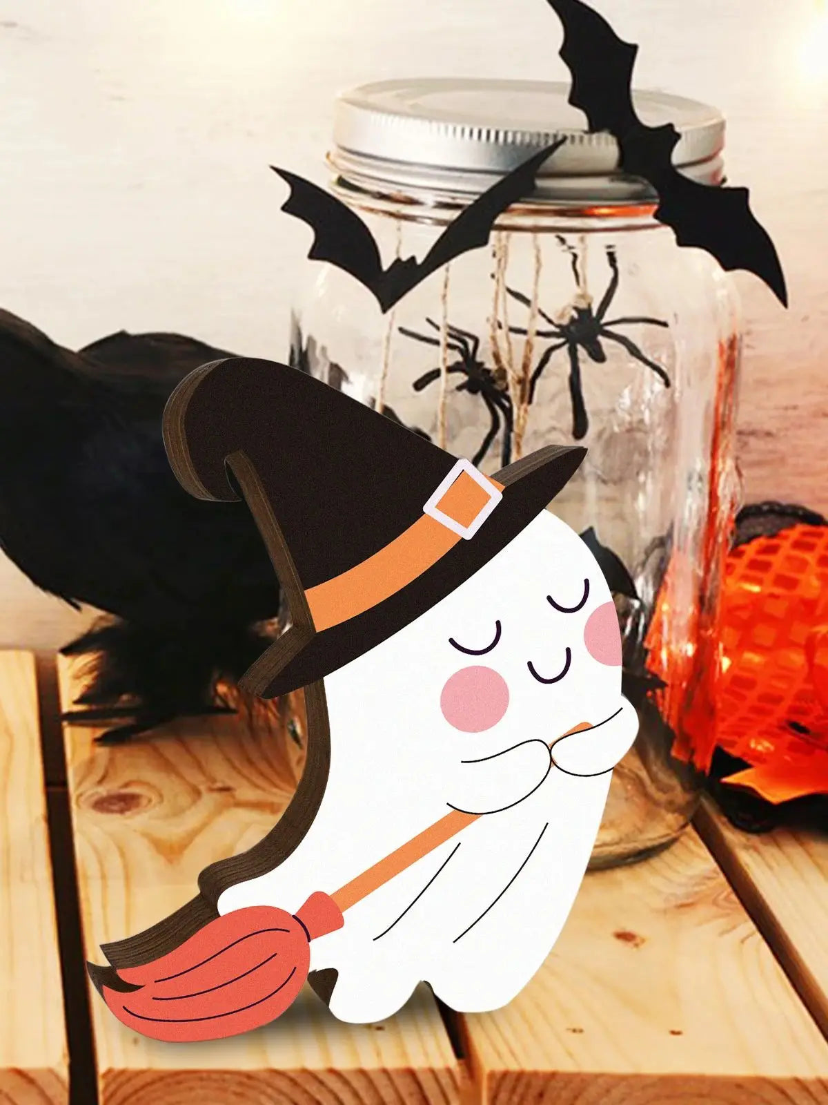 Halloween Theme Wooden Ghost Ornament  Cute Pumpkin Witch Hat Design, The Perfect Decoration to Enhance the Festive Atmosphere