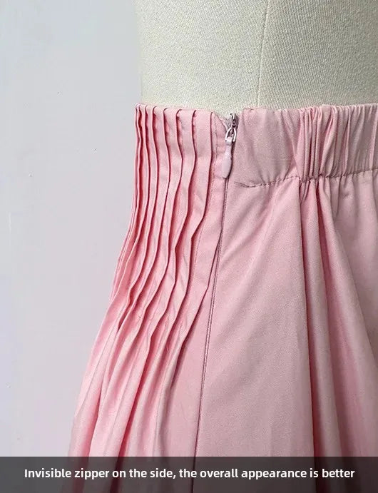 Elegant High-Waisted Pink A- Line Skirt Sweet Umbrella Design Sensibility Plenty of Pleats Medium-Length Women's Fashion