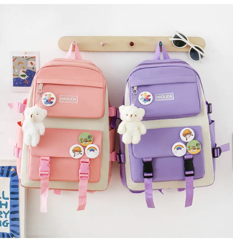 Autumn New Canvas Backpack Women's Korean Version Large Capacity Five-Piece Set Middle School Student Backpack College Student S