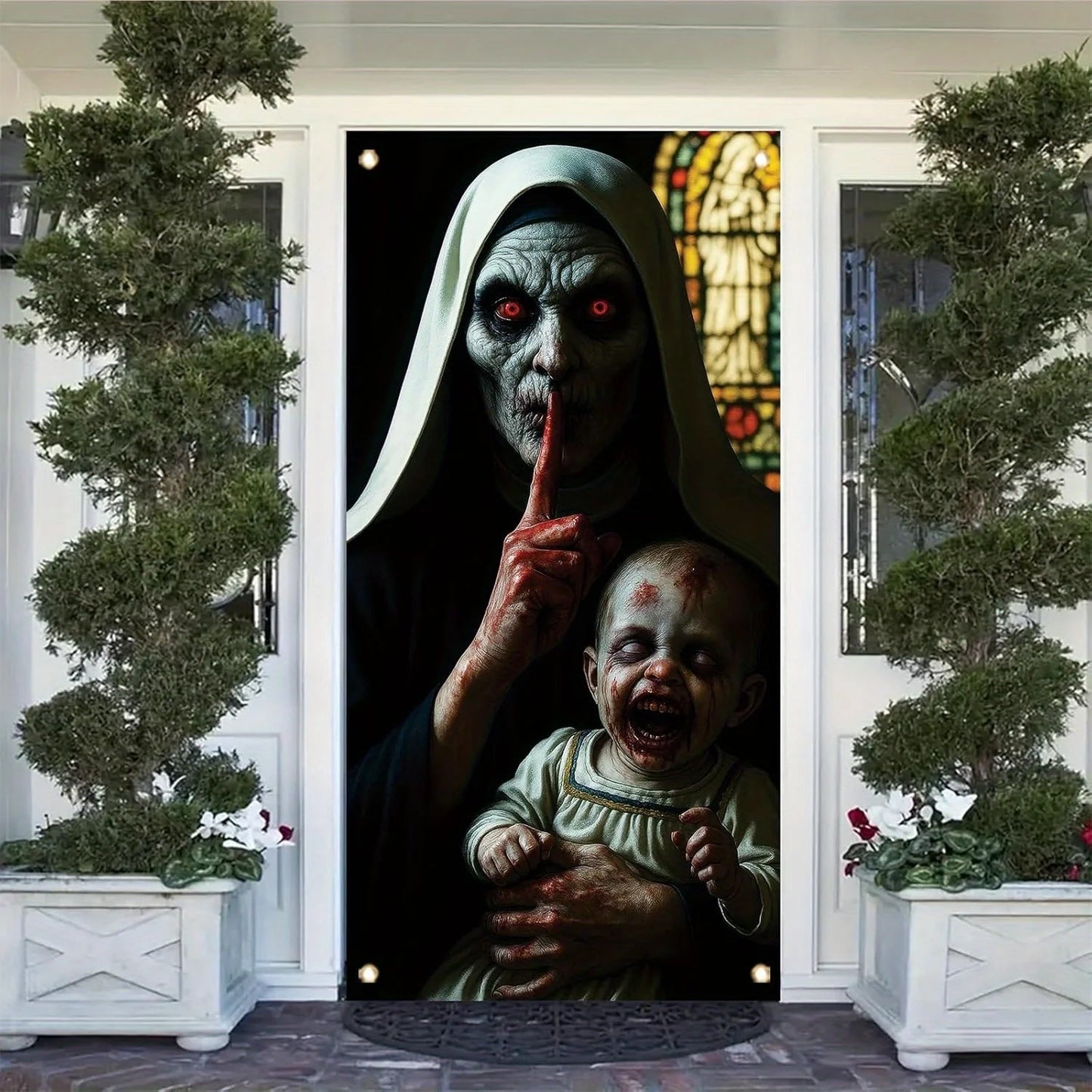 One Halloween door decoration, a terrifying zombie peeping banner, eerie monsters, a front door curtain, terrifying decorations