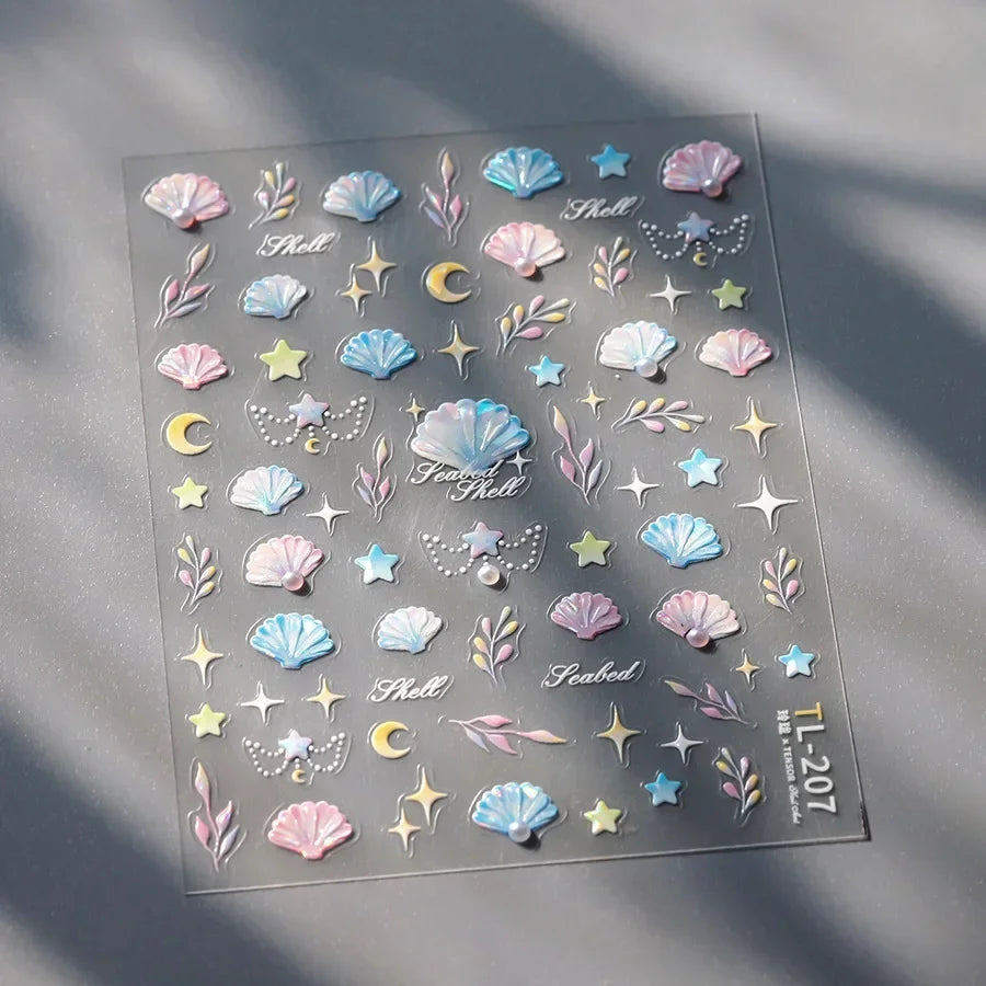 Colorful & Fun Beach Bloom Nail Art – 5D Stickers with Coral, Petals & Ocean Charms