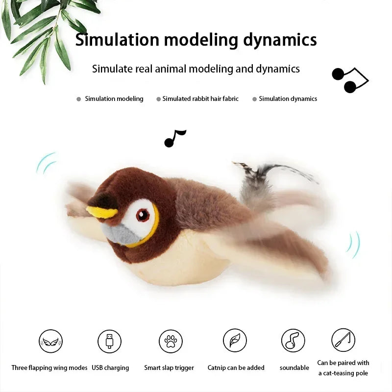 Interactive Cat Toys Rechargeable Flying Bird Rat Cat Toy Chirping Flapping Bird Can Add Catnip Touch Activated Plush Kitten Toy