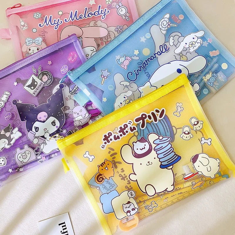 Sanrio A5 Mesh Zipper Pouch – Cute Melody, Kuromi & Cinnamoroll Document Organizer for School & Stationery Fans