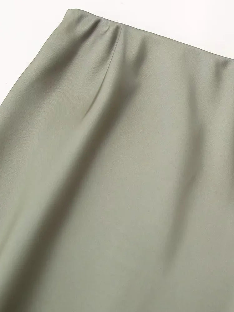 Zevity 2024 Women Fashion Soft Touch Satin A Line Midi Skirt Faldas Mujer Female Solid Elastic Waist Slim Party Vestidos QUN6227