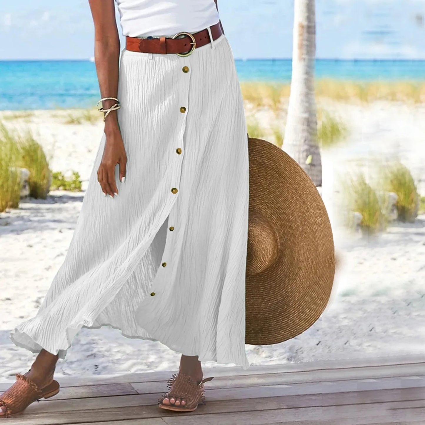 Women'S Half Skirt Midi Skirts For Women Bohemian Skirt High Waist Party Beach Button Skirt Women'S Loose Cotton And Linen Skirt