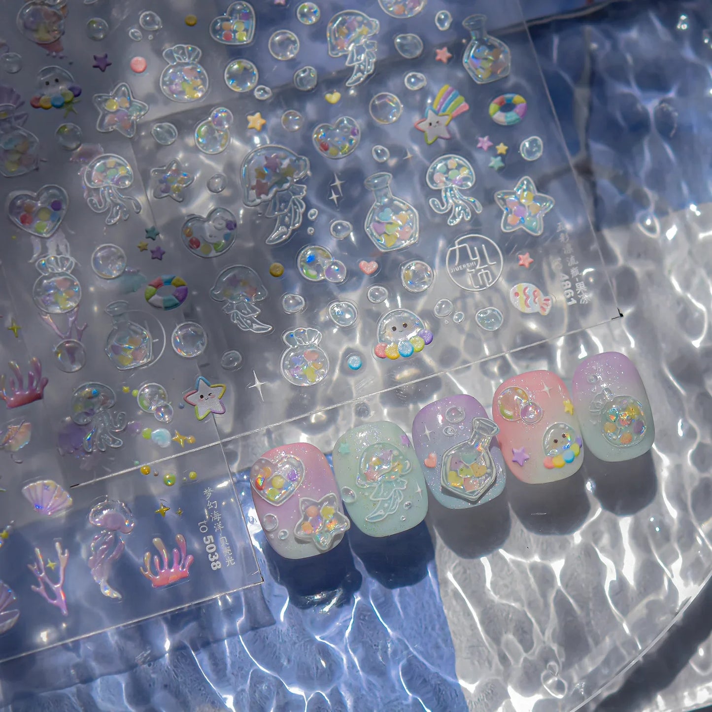 Colorful & Fun Beach Bloom Nail Art – 5D Stickers with Coral, Petals & Ocean Charms