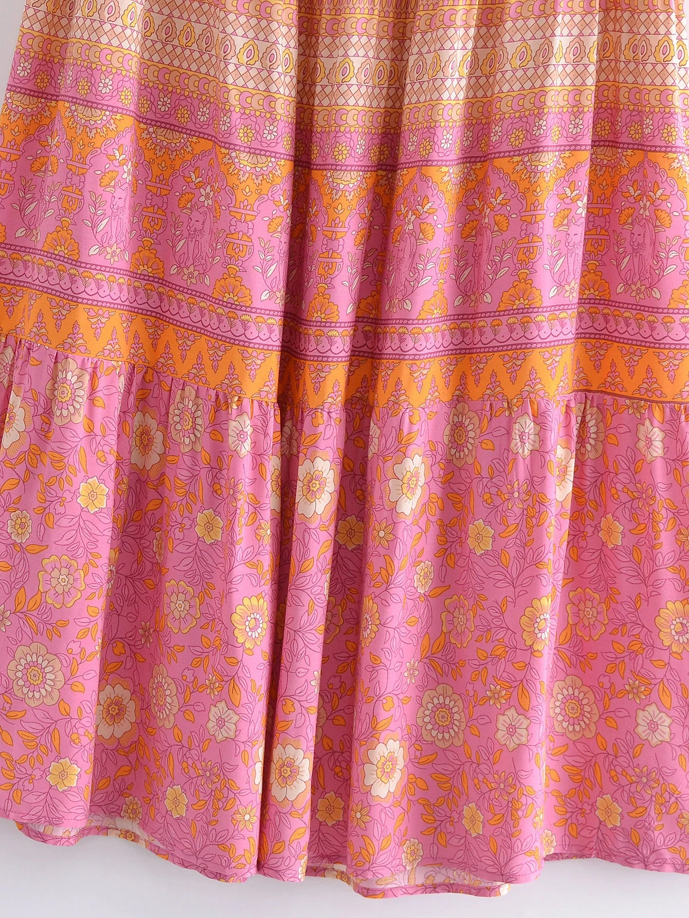 2022 BOHO Orange Flower Print Long Skirt Spliced Ruched Ruffle Hem Hippie Women Ball Tassel Bow Waist Swing Skirts Holiday