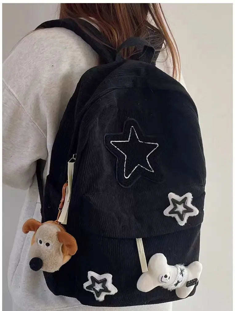 Starry Y2K Corduroy Backpack – Big Space, Bold Style for Trendy Teens!