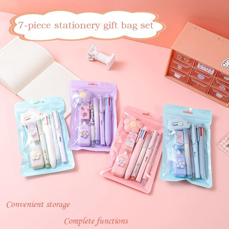 7-Piece Kawaii Korean Stationery Set – Cute Essentials for Students, Office & Study with Souvenir-Style Charm