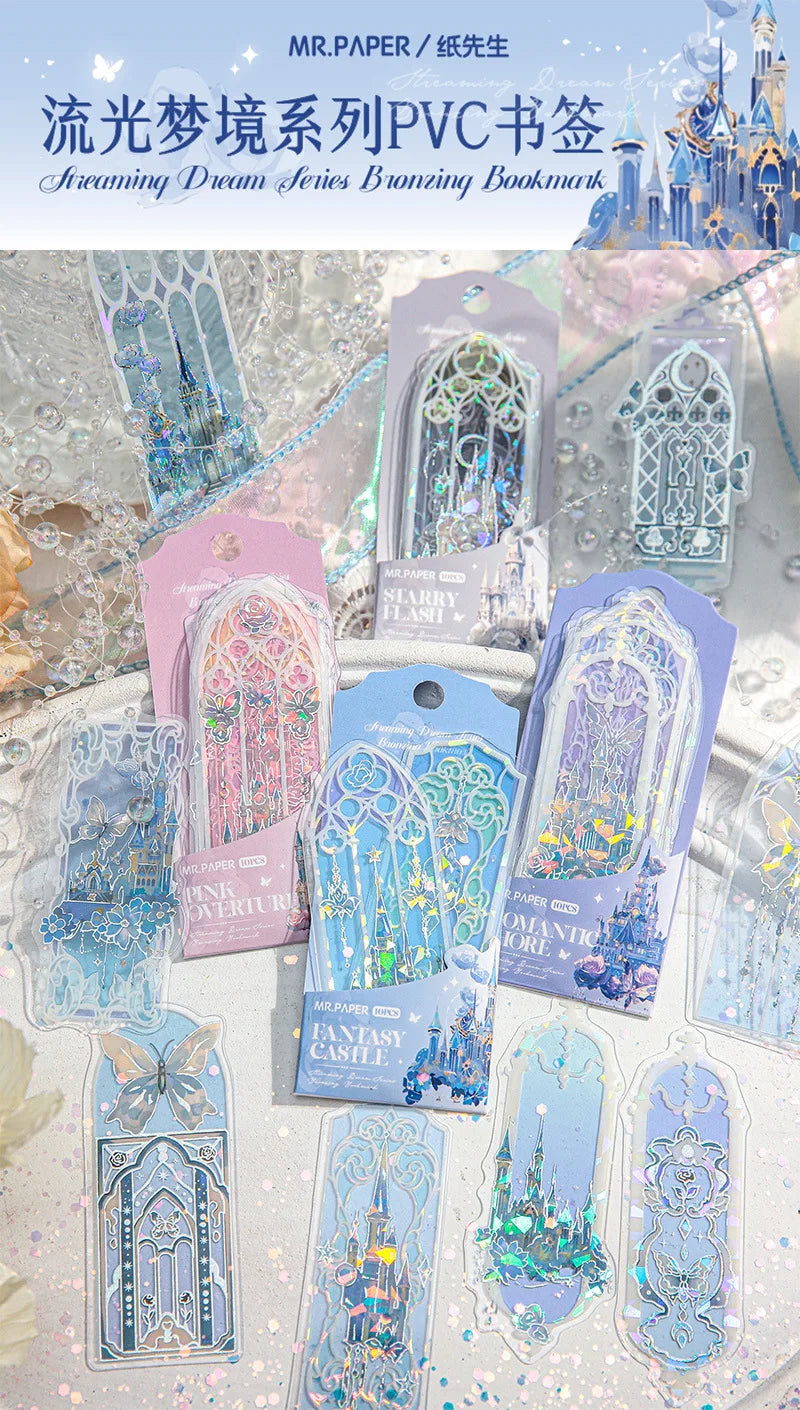 Fluorescent Dream Bookmark Set – 10pcs Kawaii PVC Page Markers & Message Cards for Stationery Lovers