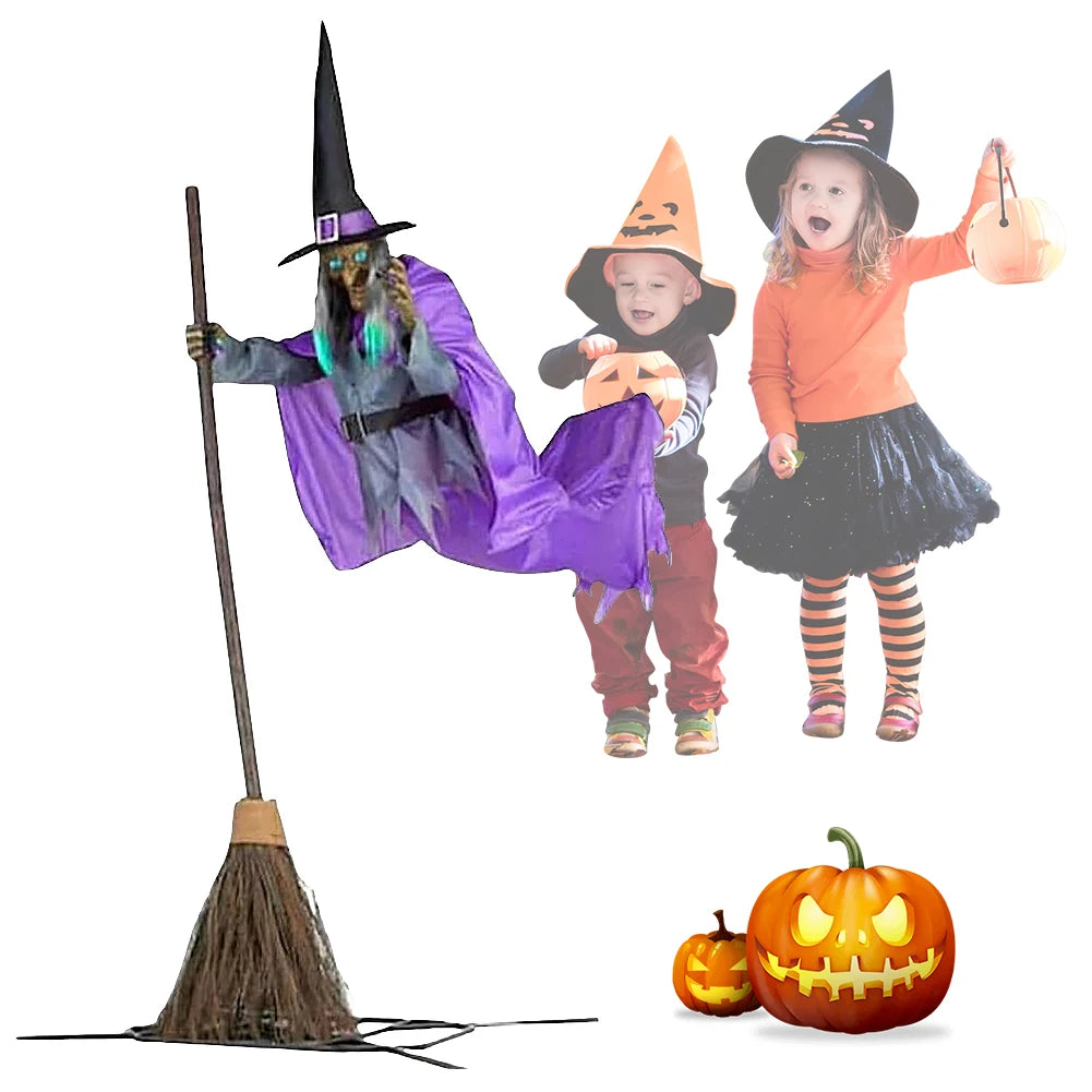 Halloween Props with Terrifying Sounds and Lights Fun Costumes Flying Scary Witch Broom Wizard Decor for Garden Yard Lawn Indoor