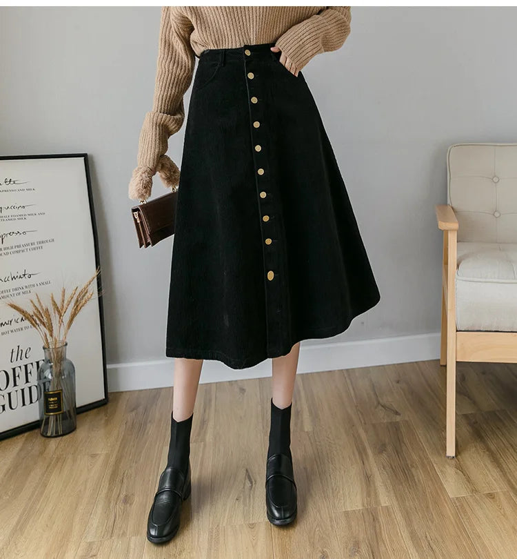 REALEFT Autumn Winter Corduroy Women A-Line Skirts 2023 New High Waist Solid Elegant Single Breasted Umbrella Midi Skirts Female