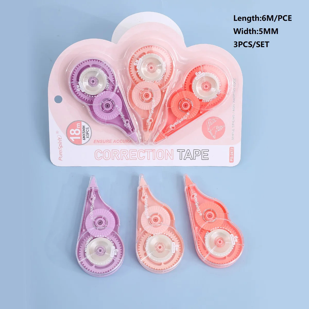 3-Pack Film-Based Correction Tape – White Mistake Out with Transparent 5mm Dispenser (16.4ft) for School & Office Use