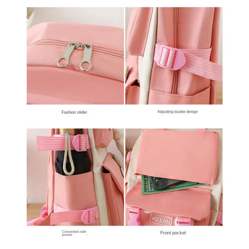 Autumn New Canvas Backpack Women's Korean Version Large Capacity Five-Piece Set Middle School Student Backpack College Student S