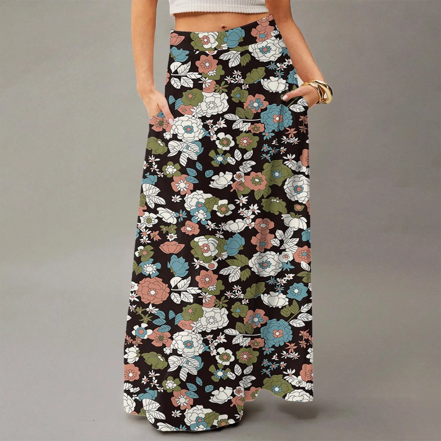 Women's Straight Skirt Casual Summer Floral Print Bohemian Skirt Flowing Maxi Skirts with pockets High waist Elastic skirt