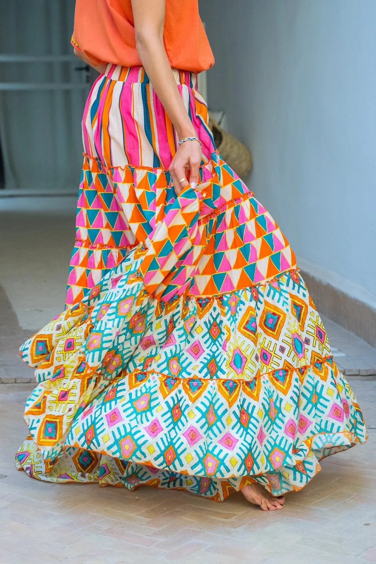 Printed Ruffles A-line Skirt Women Fashion Casual Bohemian Vacation Commuting Style Loose Long Skirts Trendy Female Clothing