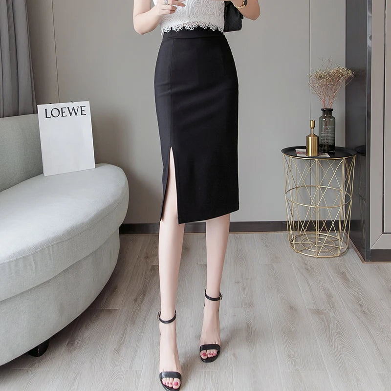 Seoulish 2024 New Spring Summer Mid length Women's Skirt Elegant Office Lady Style Solid Split Mid Length Skirts Female