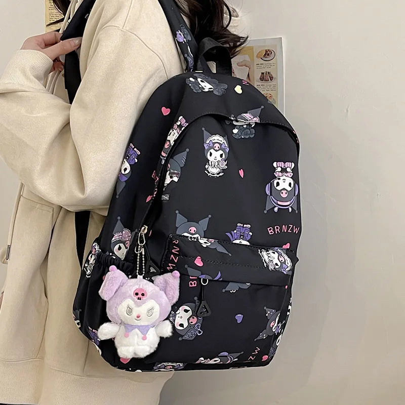 Kawaii Canvas Backpack – Hello Kitty, Kuromi, Melody & Cinnamoroll Charm for Kids & Teens!