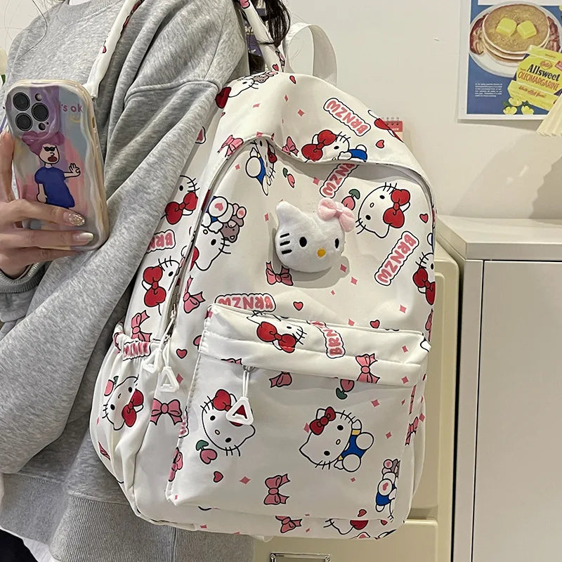 Kawaii Canvas Backpack – Hello Kitty, Kuromi, Melody & Cinnamoroll Charm for Kids & Teens!