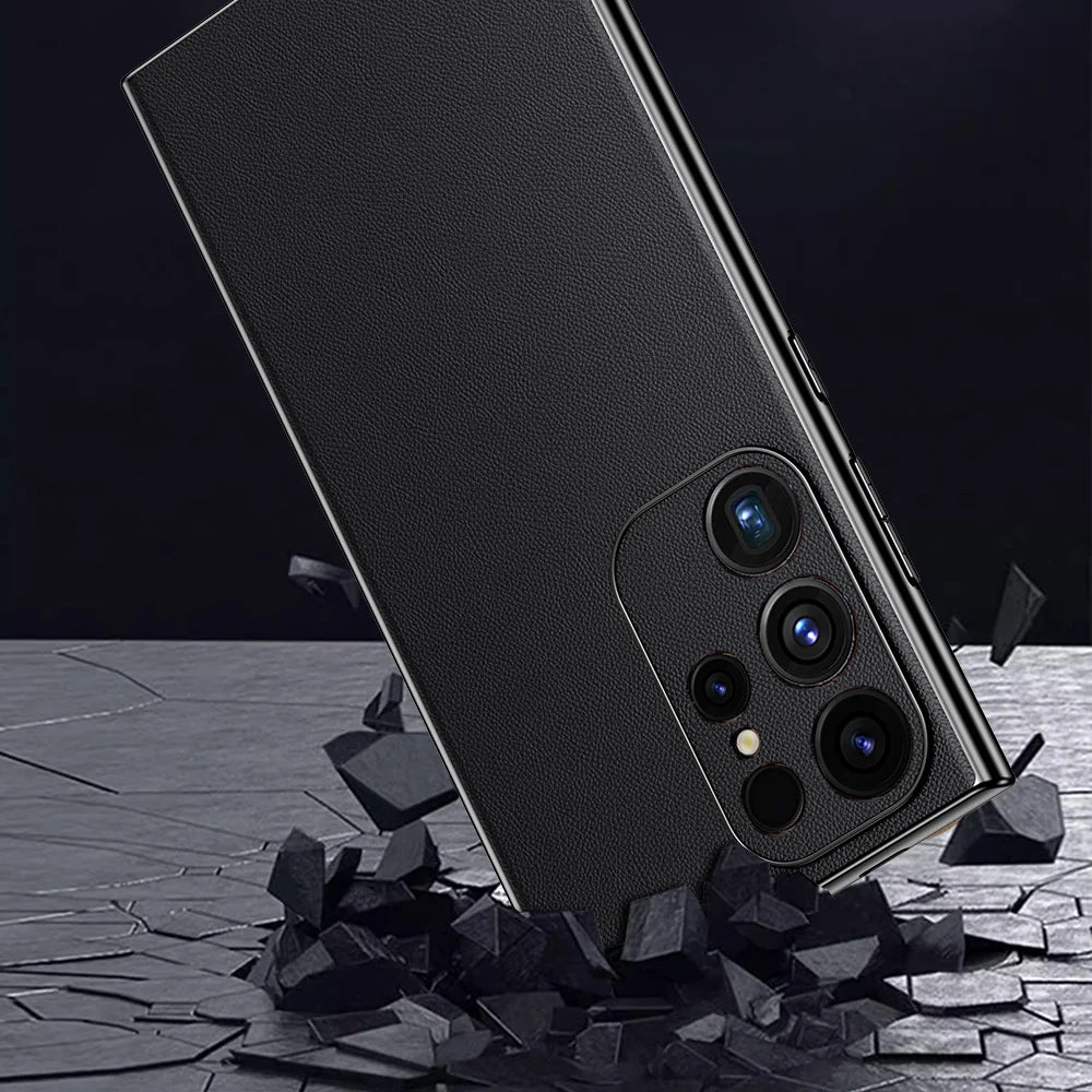 Leather Phone Case for Samsung Galaxy S25 S24 S23 Ultra S22 Plus Luxury Plating Soft Edges Shockproof 360 Full Protective Cover