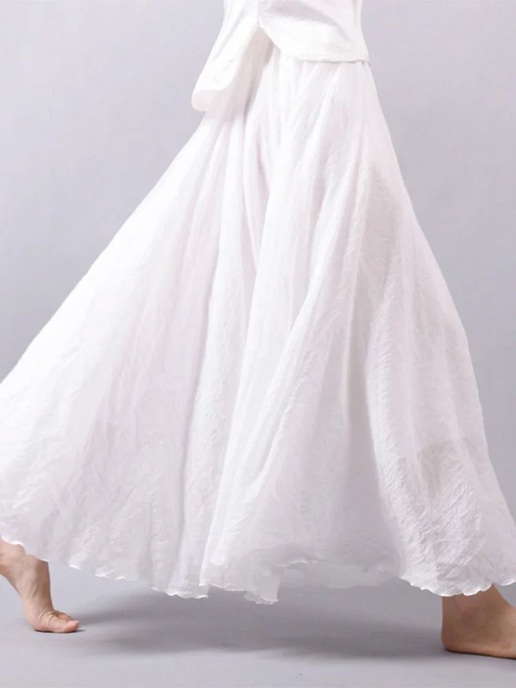 Women's Elegant High Waist Linen Maxi Skirt 2024 Summer Ladies Casual Elastic Waist 2 Layers Skirts saia feminina