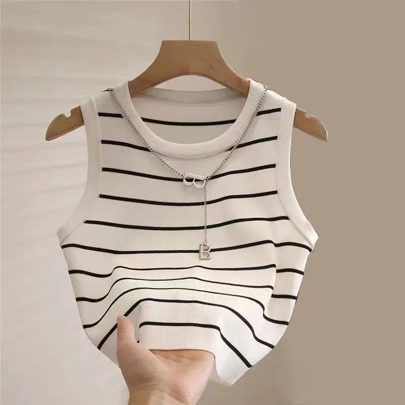 New waistcoat women wear striped wide edge temperament summer top short knit sleeveless bottom shirt