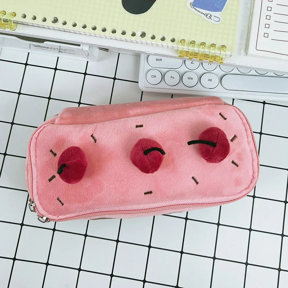Plush Cherry Cake Pencil Case – Cute Large Capacity Kawaii Pouch for Girls, Kids & Back-to-School Accessories